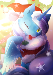 Size: 1655x2340 | Tagged: safe, artist:nutty-stardragon, oc, oc:fleurbelle, alicorn, adorable face, alicorn oc, bow, christmas, christmas decoration, christmas lights, christmas presents, clothes, costume, cute, female, golden eyes, hair bow, hat, holiday, holly, mare, one eye closed, santa costume, santa hat, snow, snowflake, tongue out, wink