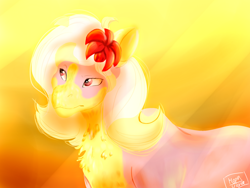 Size: 2000x1500 | Tagged: safe, artist:euspuche, oc, oc only, oc:carmen garcía, earth pony, pony, bust, female, flower, flower in hair, fluffy, looking up, portrait, solo, sunset