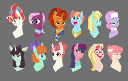 Size: 1280x811 | Tagged: safe, artist:petalierre, helia, honey lemon, jasmine leaf, lavender essence, moondancer's sister, morning roast, peppermint goldylinks, rainbow stars, raspberry beret, raspberry vinaigrette, sprout greenhoof, stellar flare, windy whistles, earth pony, pegasus, pony, unicorn, background pony, bust, cute, female, friendship student, glasses, las pegasus resident, lidded eyes, mare, open mouth, portrait, profile