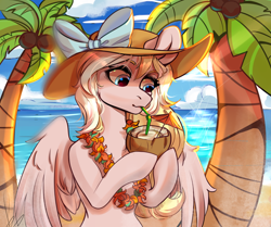 Size: 2000x1669 | Tagged: safe, artist:verashelenberg, oc, oc only, oc:bay breeze, pegasus, pony, beach, bow, drink, drinking, female, hat, lei, mare, palm tree, tree, ych result