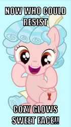 Size: 400x713 | Tagged: safe, edit, edited screencap, screencap, cozy glow, pegasus, pony, caption, cozy glow is best facemaker, cozybetes, cropped, cute, female, filly, foal, image macro, needs more jpeg, solo, text