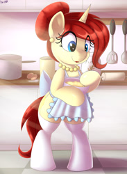 Size: 2790x3809 | Tagged: safe, artist:an-tonio, oc, oc:golden brooch, pony, unicorn, apron, baking, bipedal, bipedal leaning, clothes, cute, female, housewife, jewelry, kitchen, leaning, lipstick, mare, mother, necklace, smiling, socks, solo