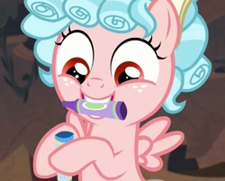 Size: 635x511 | Tagged: safe, screencap, cozy glow, pegasus, pony, frenemies (episode), cozy glow is best facemaker, cozybetes, crayons, cropped, cute, hoof hold, mouth hold, solo