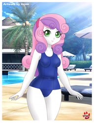 Size: 1083x1416 | Tagged: safe, artist:shinn3, sweetie belle, equestria girls, clothes, cute, diasweetes, female, older, older sweetie belle, one-piece swimsuit, resort, solo, swimsuit