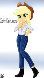 Size: 2000x3509 | Tagged: safe, artist:theretroart88, applejack, human, equestria girls, applerack, beautiful, boots, breasts, calvin klein, cleavage, clothes, cowboy hat, cowgirl, dress shirt, female, freckles, green eyes, hat, high res, jackabetes, jeans, looking at you, movie accurate, open clothes, pants, shoes, solo, stetson, woman, yellow hair