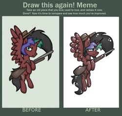 Size: 600x570 | Tagged: safe, artist:hunterthewastelander, oc, oc only, oc:rimfire cazador, alicorn, pony, alicorn oc, comparison, draw this again, flying, gun, hat, male, redraw, rifle, solo, stallion, weapon