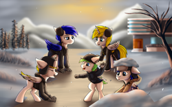 Size: 2400x1500 | Tagged: safe, artist:snowstormbat, oc, oc only, oc:bluejay, oc:jessie, oc:tyrus, alicorn, pony, alicorn oc, colt, male, snow, stallion