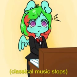Size: 797x797 | Tagged: safe, artist:themoustachemare, edit, oc, oc:precised note, anthro, pegasus, :o, blurry, bowtie, clothes, colored pupils, gradient background, jazz music stops, keyboard, meme, musical instrument, open mouth, piano, playing, shocked, shocked expression, simple background, spread wings, standing, startled, suit, text, tuxedo, wings