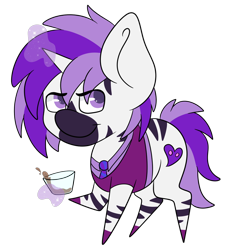 Size: 894x894 | Tagged: safe, artist:melonzy, oc, oc only, oc:dirty glaze, unicorn, zebra, zebracorn, chibi, clothes, drink, magic, simple background, smiling, smirk, solo, suit, transparent background