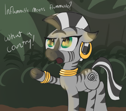 Size: 986x871 | Tagged: safe, artist:t72b, derpibooru exclusive, zecora, pony, atg 2019, female, fire, forest, newbie artist training grounds, quadrupedal, simpsons did it, solo, text, the simpsons