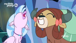 Size: 1920x1080 | Tagged: safe, screencap, silverstream, yona, classical hippogriff, hippogriff, yak, uprooted, bow, cave of harmony, discovery family logo, duo, eyes closed, female, hair bow, singing, smiling, the place where we belong