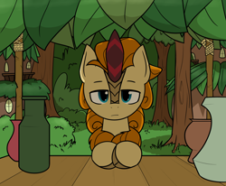 Size: 2256x1857 | Tagged: safe, artist:alexi148, autumn afternoon, kirin, bush, cloven hooves, kirin village, leaves, looking at you, male, solo, store, tree, vase