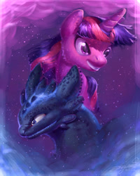 Size: 1024x1280 | Tagged: safe, artist:angusdra, twilight sparkle, dragon, pony, bust, female, how to train your dragon, mare, portrait, toothless the dragon