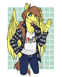 Size: 1400x1750 | Tagged: safe, artist:rancid art studio, oc, oc:rory kenneigh, anthro, pegasus, anthro oc, beard, chest fluff, clerks, clothes, facial hair, pegasus oc, wings