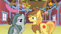 Size: 2064x1182 | Tagged: safe, braeburn, marble pie, a happy ending for marble pie, barn, braebetes, braeble, christmas, cute, female, hearth's warming, heartwarming, holiday, looking at each other, male, marblebetes, mistleholly, party, romance, romantic, shipping, straight, this will end in love