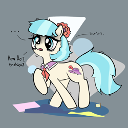 Size: 1700x1700 | Tagged: safe, artist:majupaju, coco pommel, earth pony, pony, abstract background, bags under eyes, female, mare, overworking, question, raised hoof, solo, stressed, tired, twitching