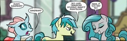 Size: 694x225 | Tagged: safe, artist:tonyfleecs, idw, ocellus, sandbar, swift foot, changedling, changeling, earth pony, pony, spoiler:comic, spoiler:comicfeatsoffriendship01, eyes closed, female, male, mare, official comic, speech bubble, trio