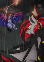 Size: 3508x4961 | Tagged: safe, artist:remange, oc, oc only, oc:gahool, oc:tomoko tanue, bat pony, pony, fallout equestria, bat wings, clothes, cloud, female, flying, gun, handgun, hoodie, lightning, male, mare, pistol, pokémon, rifle, scar-l, sky, stallion, umbreon, weapon, wings