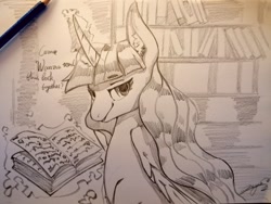 Size: 2560x1920 | Tagged: safe, artist:angusdra, twilight sparkle, twilight sparkle (alicorn), alicorn, pony, book, bookcase, curved horn, female, horn, magic, mare, monochrome, solo, talking to viewer, telekinesis, traditional art