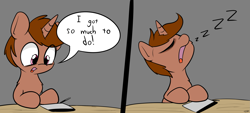 Size: 2865x1297 | Tagged: safe, artist:taurson, oc, oc:coffee, pony, unicorn, atg 2019, comic, dialogue, gray background, newbie artist training grounds, onomatopoeia, simple background, sleeping, sound effects, tablet, zzz