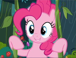 Size: 1225x941 | Tagged: safe, screencap, pinkie pie, earth pony, pony, the mean 6, cropped, cute, diapinkes, female, mare, smiling, solo, swing, vine