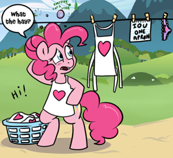 Size: 500x456 | Tagged: safe, artist:pippy, pinkie pie, pony, apron, basket, bipedal, clothes, cutie mark underwear, frilly underwear, iou, panties, pinkiepieskitchen, purple underwear, ribbon, solo, underwear, what the hay?