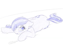 Size: 1024x768 | Tagged: safe, artist:novaintellus, marble pie, earth pony, pony, atg 2019, blushing, female, floppy ears, looking at you, lying down, mare, monochrome, newbie artist training grounds, solo