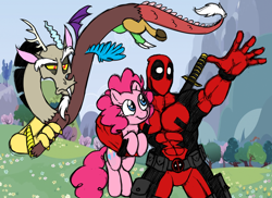 Size: 1888x1377 | Tagged: safe, artist:mickeymonster, discord, pinkie pie, draconequus, earth pony, pony, abs, deadpool, discord is not amused, katana, sword, unamused, weapon