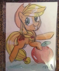 Size: 600x722 | Tagged: safe, artist:marybellamy, derpibooru import, applejack, earth pony, pony, apple, cowboy hat, female, food, hat, mare, mixed media, pencil drawing, smiling, traditional art, watercolor painting