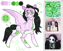 Size: 1020x828 | Tagged: safe, artist:jellybeanbullet, oc, oc only, oc:dolly (doll), original species, pegasus, pony, button, doll, doll pony, female, lipstick, mare, moodboard, needle, pin, raised hoof, reference sheet, simple background, solo, stitches, toy, unshorn fetlocks, white background, wingding eyes