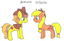 Size: 1280x826 | Tagged: safe, artist:carlycmarathecat, artist:cmara, applejack, braeburn, earth pony, pony, duo, hat, simple background, smiling, traditional art