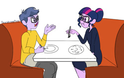 Size: 1002x635 | Tagged: safe, microchips, sci-twi, twilight sparkle, equestria girls, dinner, eating, female, male, microlight, restaurant, shipping, straight