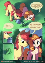 Size: 1448x2048 | Tagged: safe, artist:luciferamon, bright mac, pear butter, earth pony, pony, comic:sprouts & the fruit of love, apple tree, comic, cowboy hat, dialogue, female, hat, male, mare, pear tree, plant, sprout, stallion, stetson, text, tree, watering can