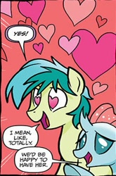 Size: 240x364 | Tagged: safe, artist:tonyfleecs, idw, ocellus, sandbar, changedling, changeling, earth pony, pony, spoiler:comic, spoiler:comicfeatsoffriendship01, female, heart, heart eyes, male, official comic, red background, simple background, speech bubble, wingding eyes