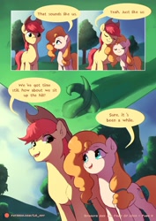 Size: 1448x2048 | Tagged: safe, artist:luciferamon, bright mac, pear butter, earth pony, pony, comic:sprouts & the fruit of love, apple tree, brightbutter, comic, cowboy hat, dialogue, ear fluff, female, hat, male, mare, pear tree, plant, shipping, sprout, stallion, stetson, straight, text, tree