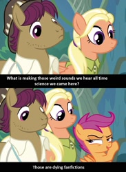 Size: 1220x1664 | Tagged: safe, edit, edited screencap, editor:fluttershyisnot adoormat, screencap, scootaloo, earth pony, pegasus, pony, the last crusade, engrish, female, filly, male, mare, meme, misspelling, stallion, trio