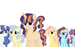 Size: 1280x810 | Tagged: safe, artist:melodysweetheart, artist:pinkie3212, oc, oc only, oc:amethyst, oc:berry bloom, oc:party popper, oc:shimmering dawn, oc:soaring rainbows, oc:sweet pea, earth pony, pegasus, pony, unicorn, base used, female, freckles, magical lesbian spawn, mare, offspring, parent:applejack, parent:coco pommel, parent:fancypants, parent:fluttershy, parent:party favor, parent:pinkie pie, parent:rainbow dash, parent:rarity, parent:soarin', parent:strawberry sunrise, parent:sunset shimmer, parent:twilight sparkle, parents:applerise, parents:cocoshy, parents:partypie, parents:raripants, parents:soarindash, parents:sunsetsparkle, simple background, white background