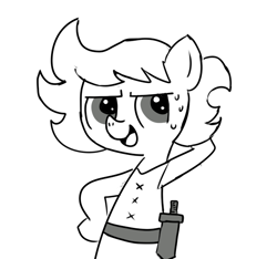 Size: 640x600 | Tagged: safe, artist:ficficponyfic, oc, oc only, oc:ruby rouge, earth pony, pony, belt, child, clothes, colt quest, cyoa, female, filly, foal, grayscale, grin, knife, monochrome, nervous, nervous grin, simple background, smiling, solo, story included, sweat, sweatdrop, sweatdrops, white background