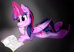 Size: 1894x1334 | Tagged: safe, artist:noxi1_48, twilight sparkle, twilight sparkle (alicorn), alicorn, pony, book, digital art, fluffy, happy, magic, reading, wings