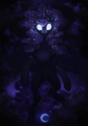 Size: 2800x4000 | Tagged: safe, artist:angusdra, nightmare moon, alicorn, pony, chest fluff, female, flying, glowing eyes, mare, night, smiling, solo, spread wings, wings