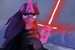 Size: 3000x2000 | Tagged: safe, artist:sapphmod, twilight sparkle, pony, crossguard lightsaber, crossover, eye scar, female, kylo ren, lightsaber, magic, magic aura, mare, rain, scar, solo, star wars, telekinesis, weapon