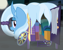 Size: 2743x2169 | Tagged: safe, artist:badumsquish, derpibooru exclusive, trixie, monster pony, object pony, original species, pony, youkai, canterlot, cart, curtains, curved horn, dark, dialogue, face down ass up, female, fog, full moon, grin, heart, horn, looking at you, looking back, looking back at you, mare, moon, night, oboroguruma, open door, open mouth, ponified, prehensile mane, presenting, sharp teeth, show accurate, smiling, smug, species swap, spooky, street, talking to viewer, teeth, trixie's wagon, window