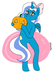 Size: 852x1161 | Tagged: safe, artist:sourpup, oc, oc:fleurbelle, alicorn, anthro, alicorn oc, bow, female, golden eyes, hair bow, halloween, holding, holiday, mare, pumpkin, wingding eyes