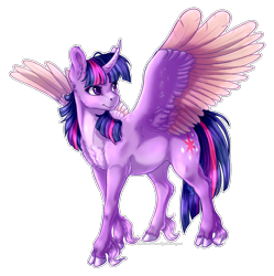 Size: 2628x2640 | Tagged: safe, artist:gaelledragons, twilight sparkle, twilight sparkle (alicorn), alicorn, classical unicorn, pony, chest fluff, cloven hooves, curved horn, female, horn, mare, outline, simple background, solo, spread wings, transparent background, unshorn fetlocks, white background, wings