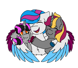 Size: 1920x1680 | Tagged: safe, alternate version, artist:evelyncat, oc, oc only, pegasus, pony, unicorn, chest fluff, colored, eyes closed, female, frown, horn, hug, inktober, inktober 2019, mare, one eye closed, pegasus oc, side hug, unamused, unicorn oc, unshorn fetlocks, winghug, wings