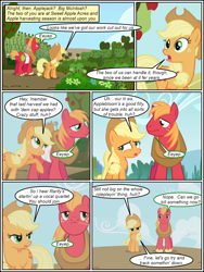 Size: 600x800 | Tagged: safe, artist:dragontrainer13, artist:newbiespud, derpibooru import, edit, edited screencap, screencap, applejack, big macintosh, earth pony, pony, collaboration, comic:friendship is dragons, apple, comic, dialogue, female, food, freckles, hat, male, mare, raised hoof, screencap comic, stallion, straw in mouth, tree, unshorn fetlocks, yoke