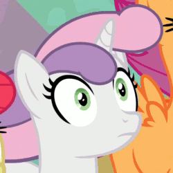 Size: 512x512 | Tagged: safe, screencap, apple bloom, scootaloo, sweetie belle, pony, growing up is hard to do, animated, cropped, gif, loop, mane, older, older sweetie belle, reaction image, solo focus, stare, thousand yard stare, wide eyes, wind, windswept mane