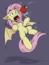 Size: 800x1050 | Tagged: safe, artist:lostdreamm, fluttershy, bat pony, apple, bat ponified, catching, eeee, flutterbat, food, open mouth, race swap, red eyes, solo