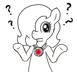 Size: 640x600 | Tagged: safe, artist:ficficponyfic, oc, oc:emerald jewel, earth pony, pony, amulet, caption, child, colt, colt quest, cyoa, foal, image macro, jewelry, male, question mark, shrug, solo, story included, text, unsure