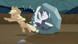 Size: 1280x720 | Tagged: safe, derpibooru import, screencap, applejack, rarity, tom, earth pony, pony, unicorn, the return of harmony, discorded, duo, great moments in animation, jackabuse